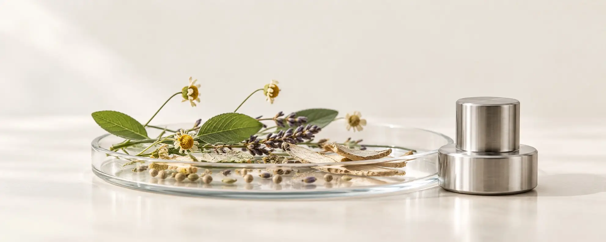 Getrocknete Kräuter, Blüten und Wurzelstücke in einer flachen Glasschale neben einem präzise gefertigten Metallkörper
